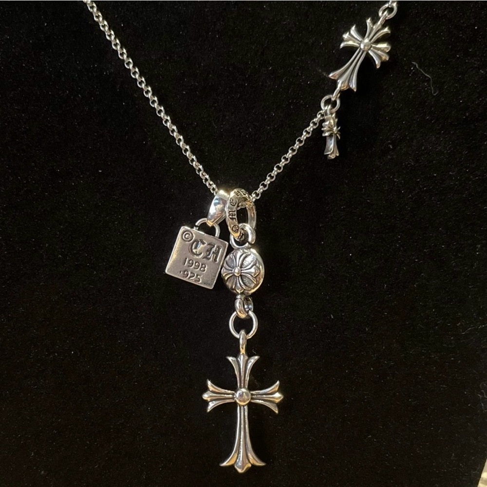 Chrome Hearts CH Silver Triple Cross Rosary Style Necklace Gothic Cross Pendants - Picture 5 of 14